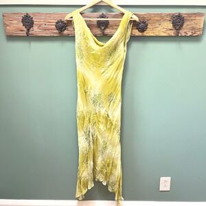 Morrell Maxie Silk Burnout Beaded Dress Lime Green Cowl Neck Fairiecore 6 Y2K